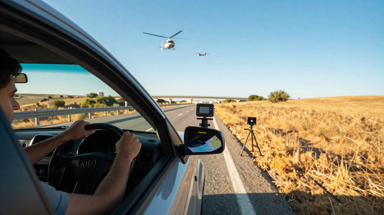 Pessoa dirigindo carro na estrada com drones e câmeras capturando imagens ao redor em dia claro.