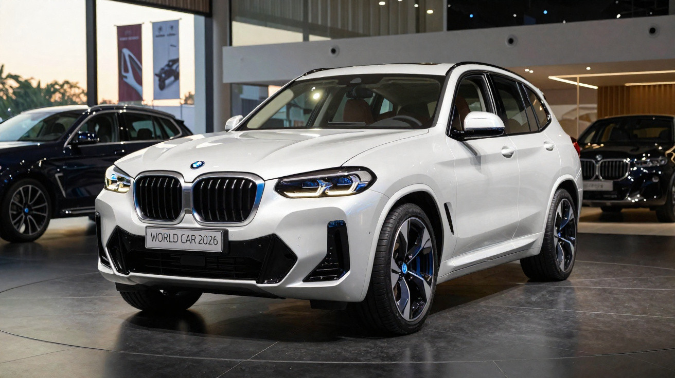 Carro SUV branco BMW X3 novo em showroom com placa exibindo "WORLD CAR 2026".