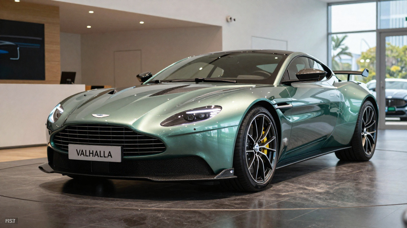 Carro esportivo verde metálico Aston Martin Valhalla exposto em showroom moderno.