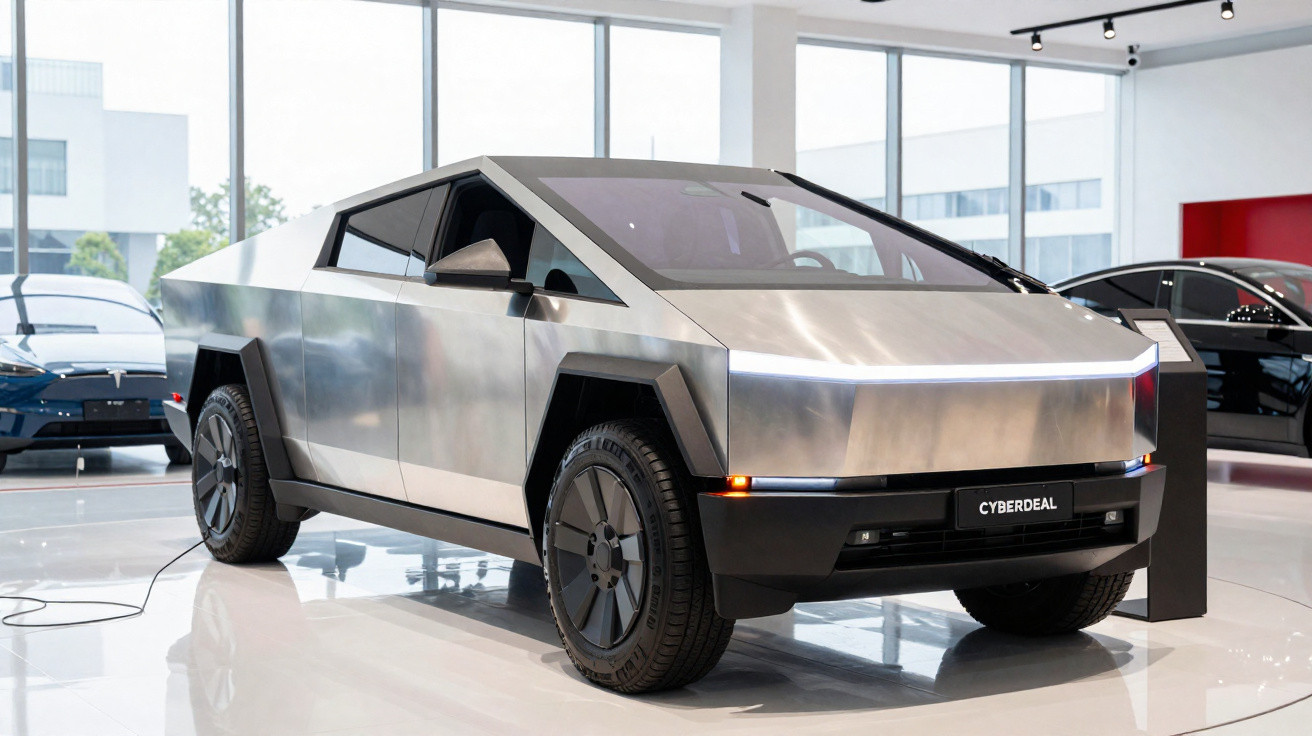 Carro elétrico futurista Cyberdeal prateado em exibição dentro de showroom moderno e iluminado.