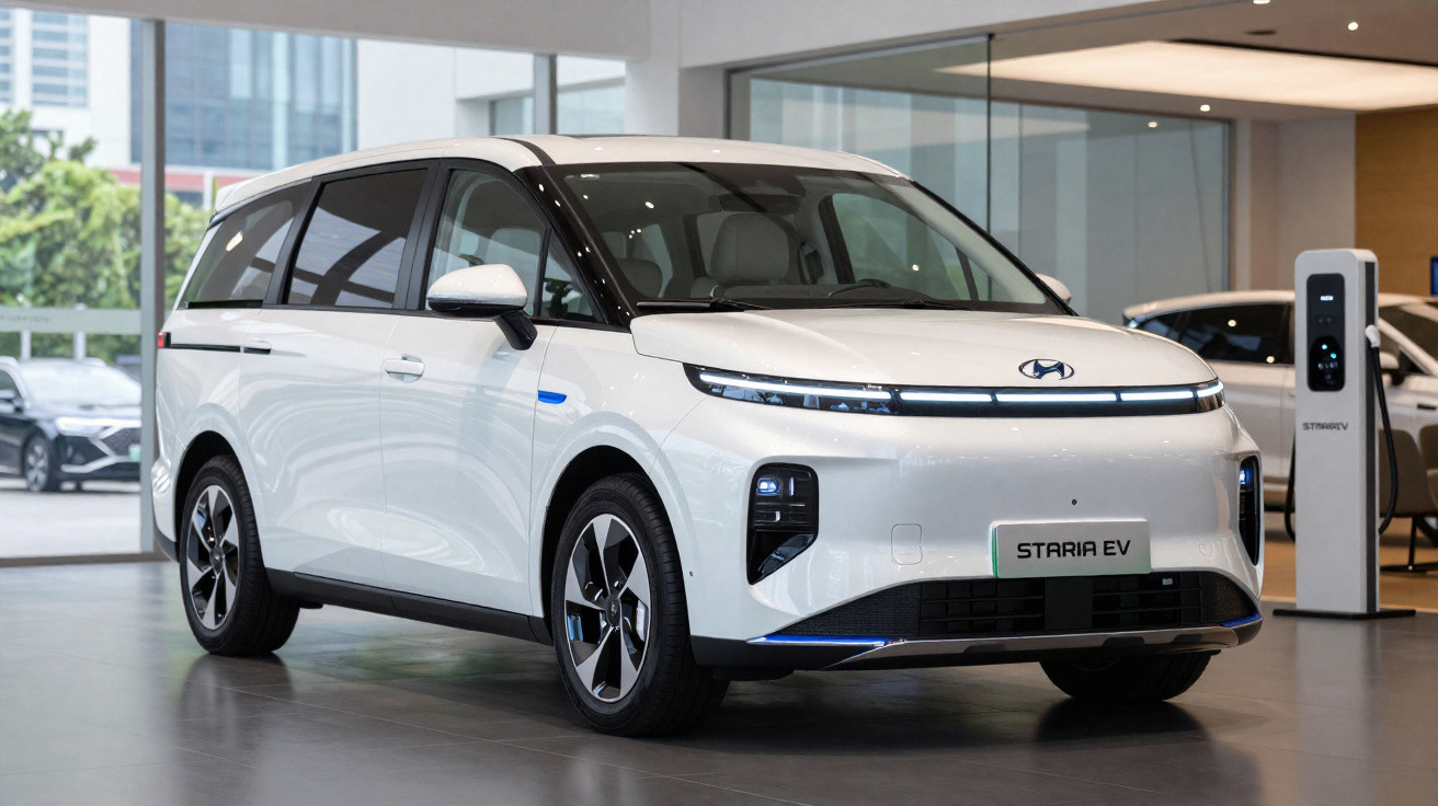 Carro elétrico branco Hyundai Staria EV em exposição dentro de showroom moderno e iluminado.
