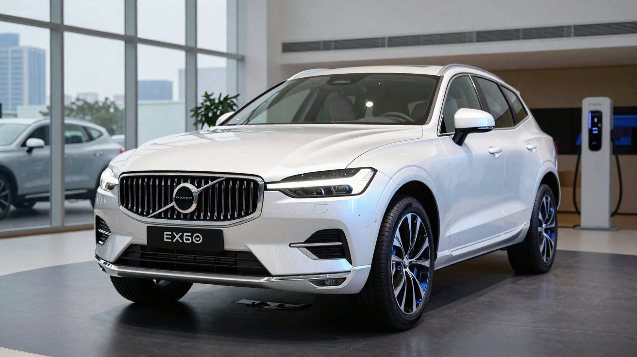 Carro branco Volvo EX60 exibido em showroom moderno com piso escuro e janelas amplas ao fundo.