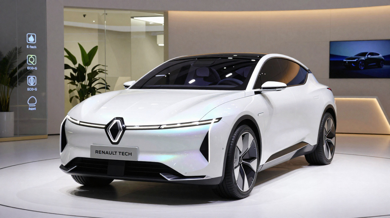 Carro elétrico Renault Tech branco exibido em showroom moderno com iluminação suave e design futurista.