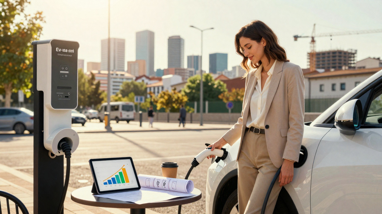 Mulher vestindo terno carregando carro elétrico em estação, com tablet mostrando gráfico e café na mesa.
