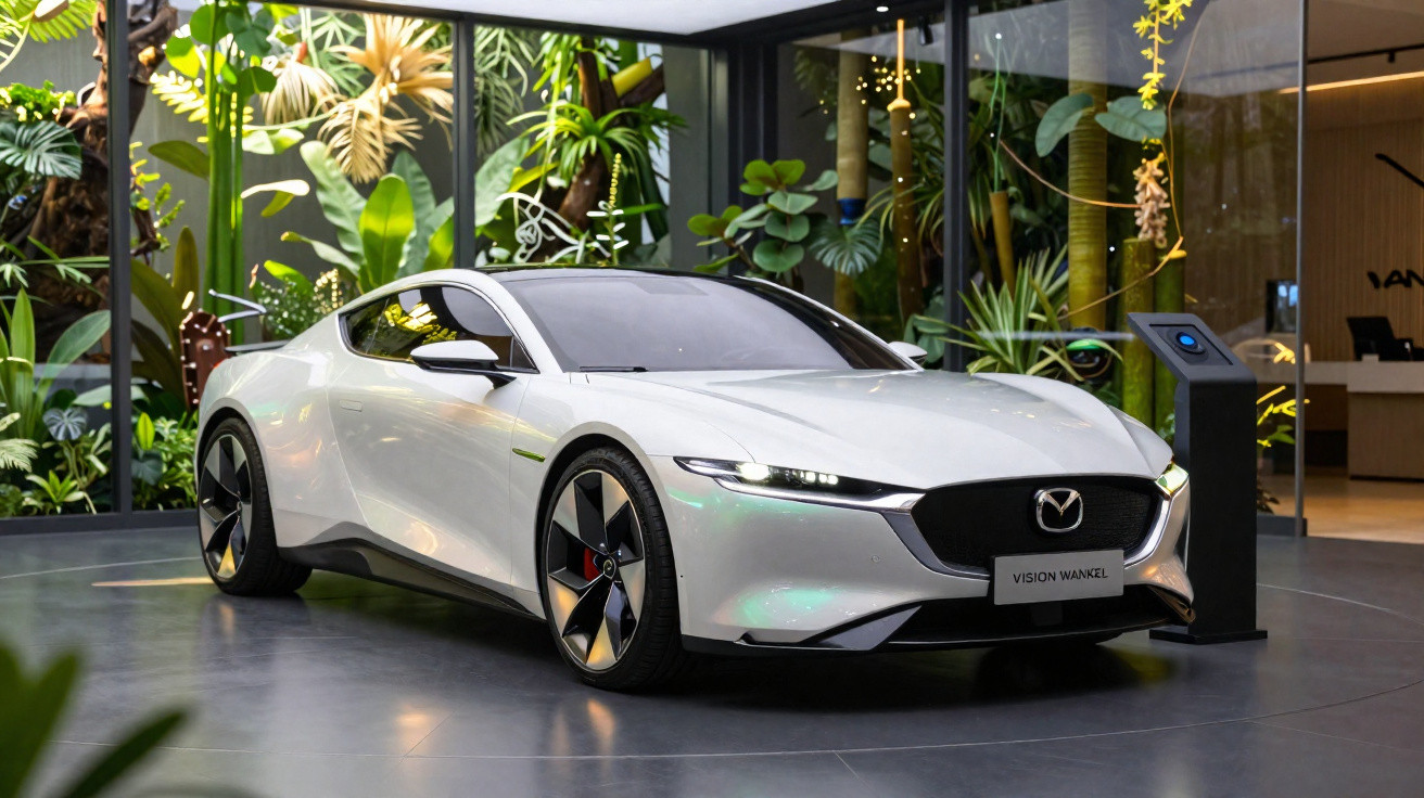 Carro conceito branco Mazda Vision Wankel exibido em showroom moderno com plantas ao fundo.