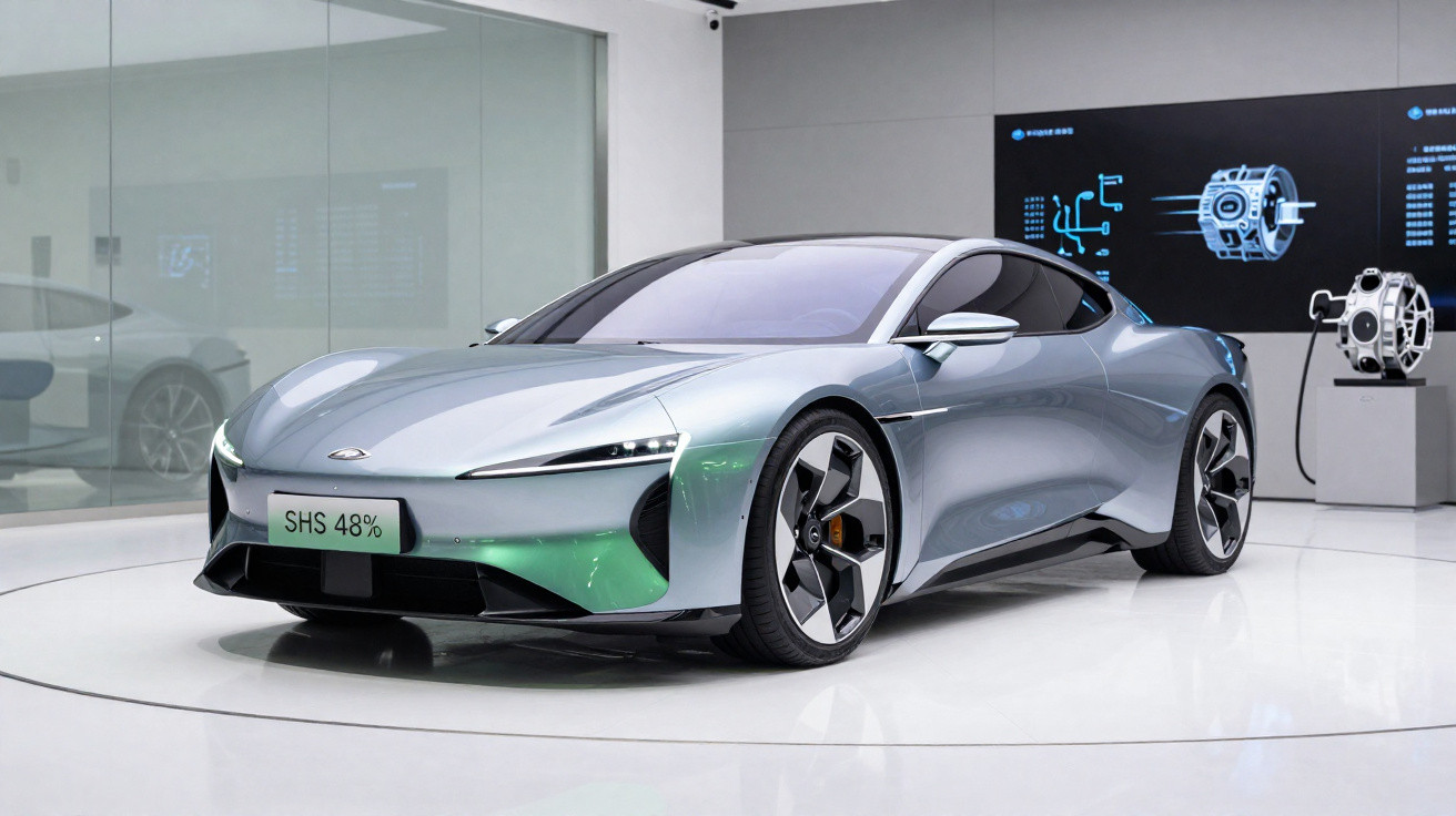 Carro esportivo elétrico prata exibido em showroom moderno com design aerodinâmico e luzes LED finas.