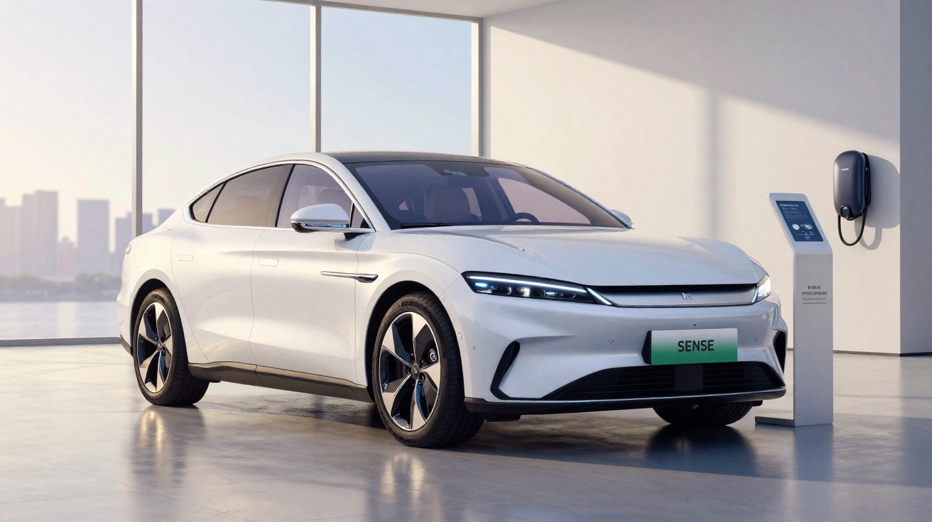 Carro elétrico branco estacionado ao lado de carregador em ambiente interno com janelas amplas.