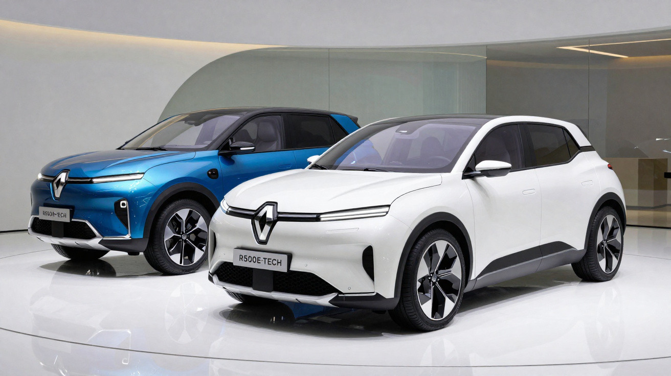 Dois carros elétricos Renault R500E-TECH, um branco e um azul, em exposição moderna e iluminada.