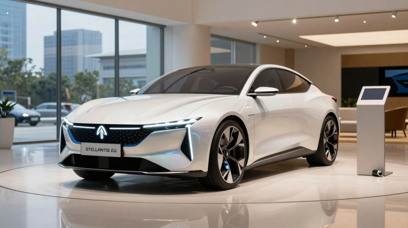 Carro elétrico branco moderno exposto em showroom com design aerodinâmico e rodas pretas.