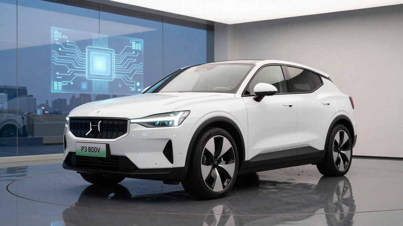 Carro elétrico SUV branco Polestar P3 800V estacionado em ambiente interno moderno com painel digital ao fundo.