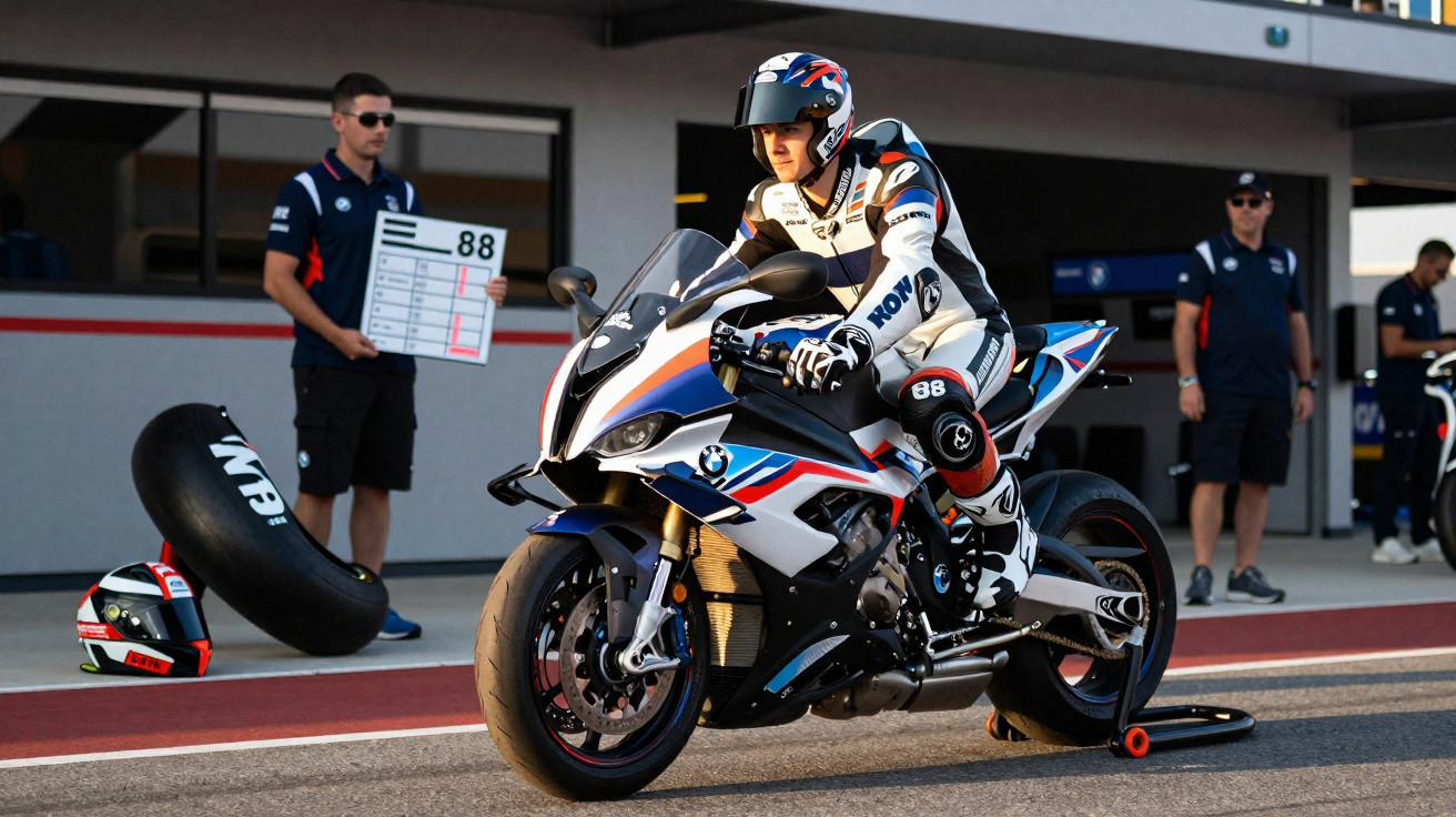 Piloto de motocicleta BMW com macacão e capacete, saindo dos boxes em pista de corrida.