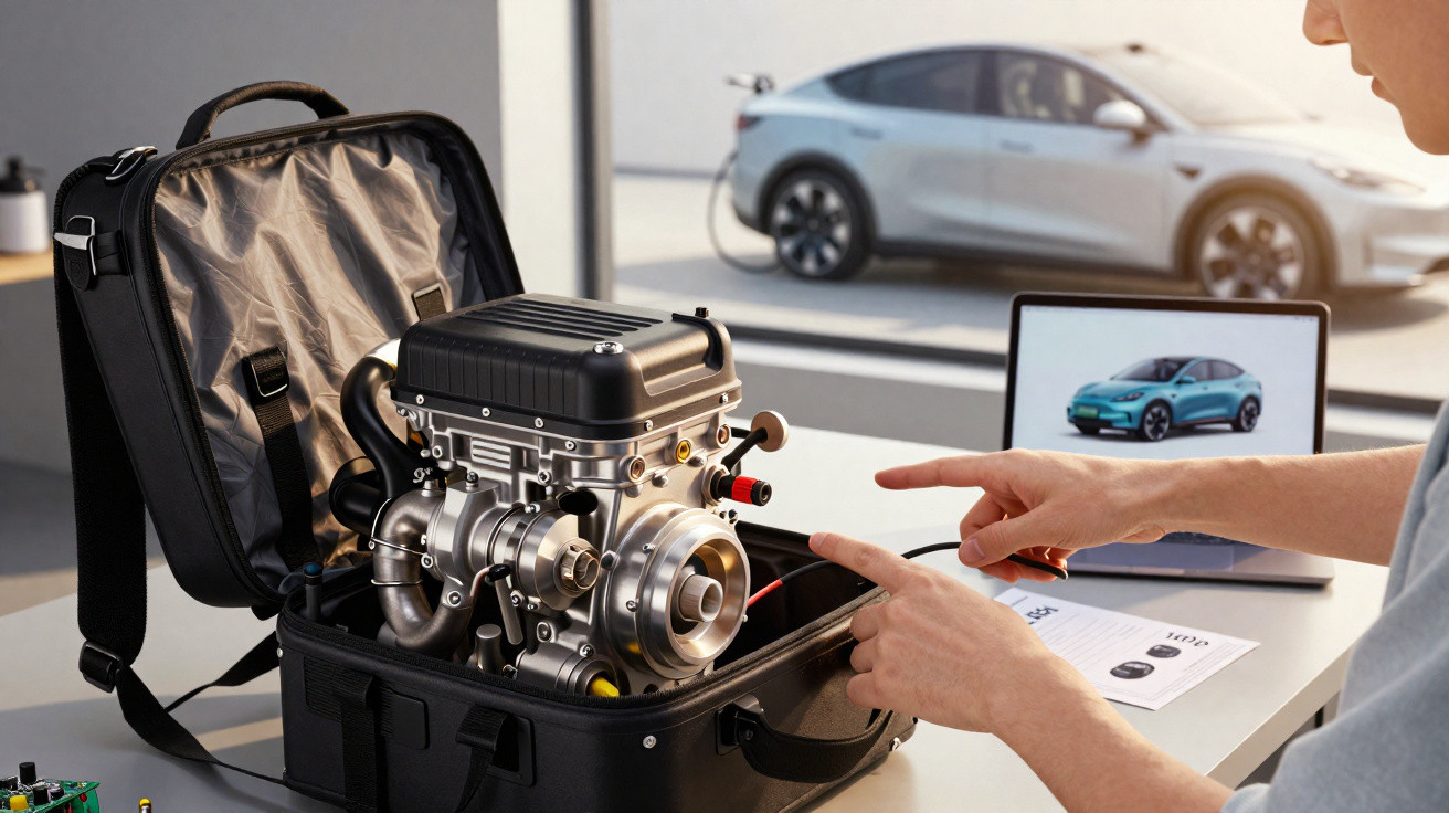 Pessoa examinando motor exposto dentro de uma mala preta com carro elétrico ao fundo.