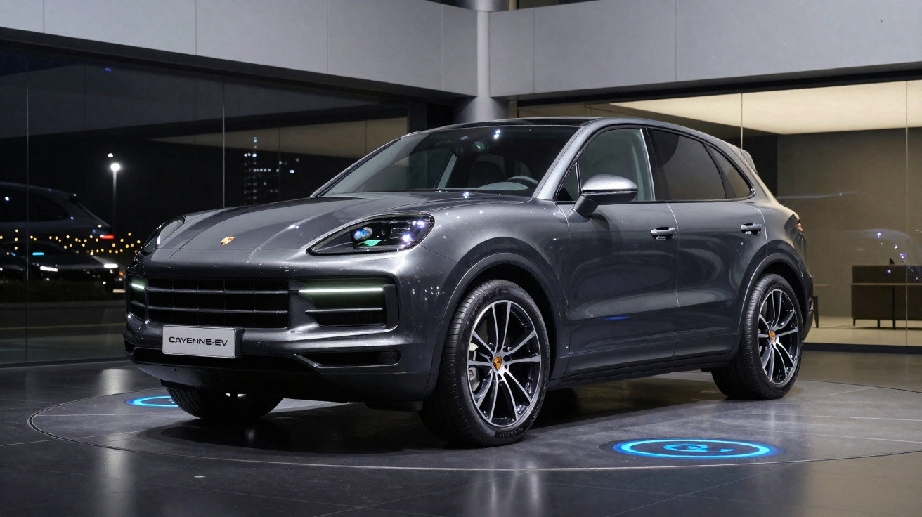 SUV Porsche Cayenne EV cinza estacionado em ambiente interno com iluminação noturna.