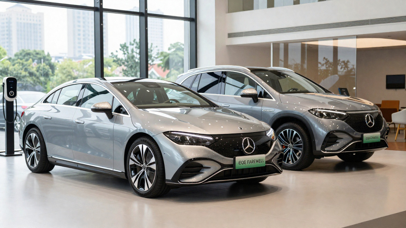 Dois carros elétricos Mercedes-Benz prata exibidos em showroom com grandes janelas ao fundo.
