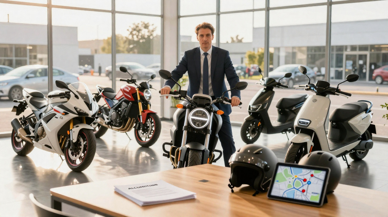 Homem de terno em concessionária, segurando guidão de moto entre motos e scooters elétricas expostas.