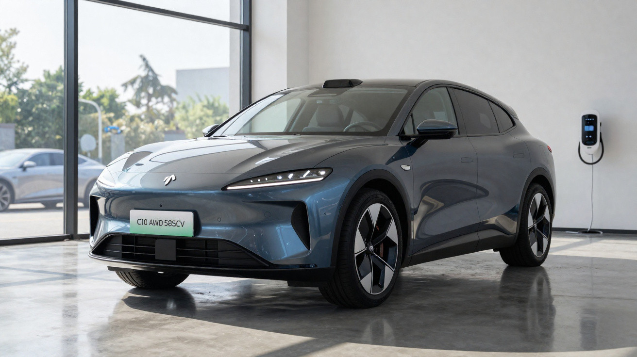 Carro elétrico cinza estacionado em ambiente interno próximo a carregador na parede.