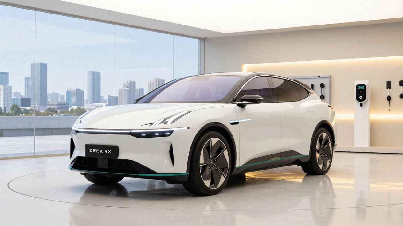 Carro elétrico branco Zeek 9X em exposição em showroom moderno com vidros e vista para cidade.