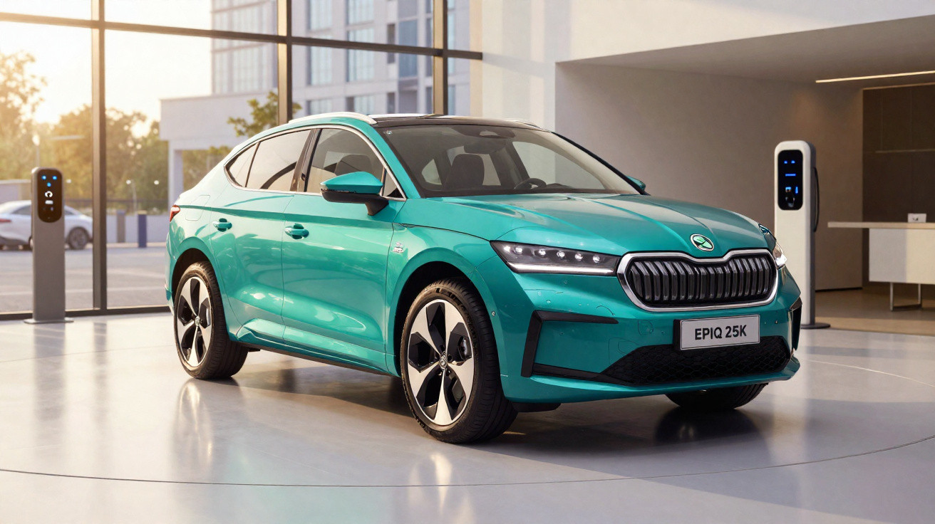 Carro elétrico verde estacionado em showroom moderno com carregadores elétricos ao fundo.