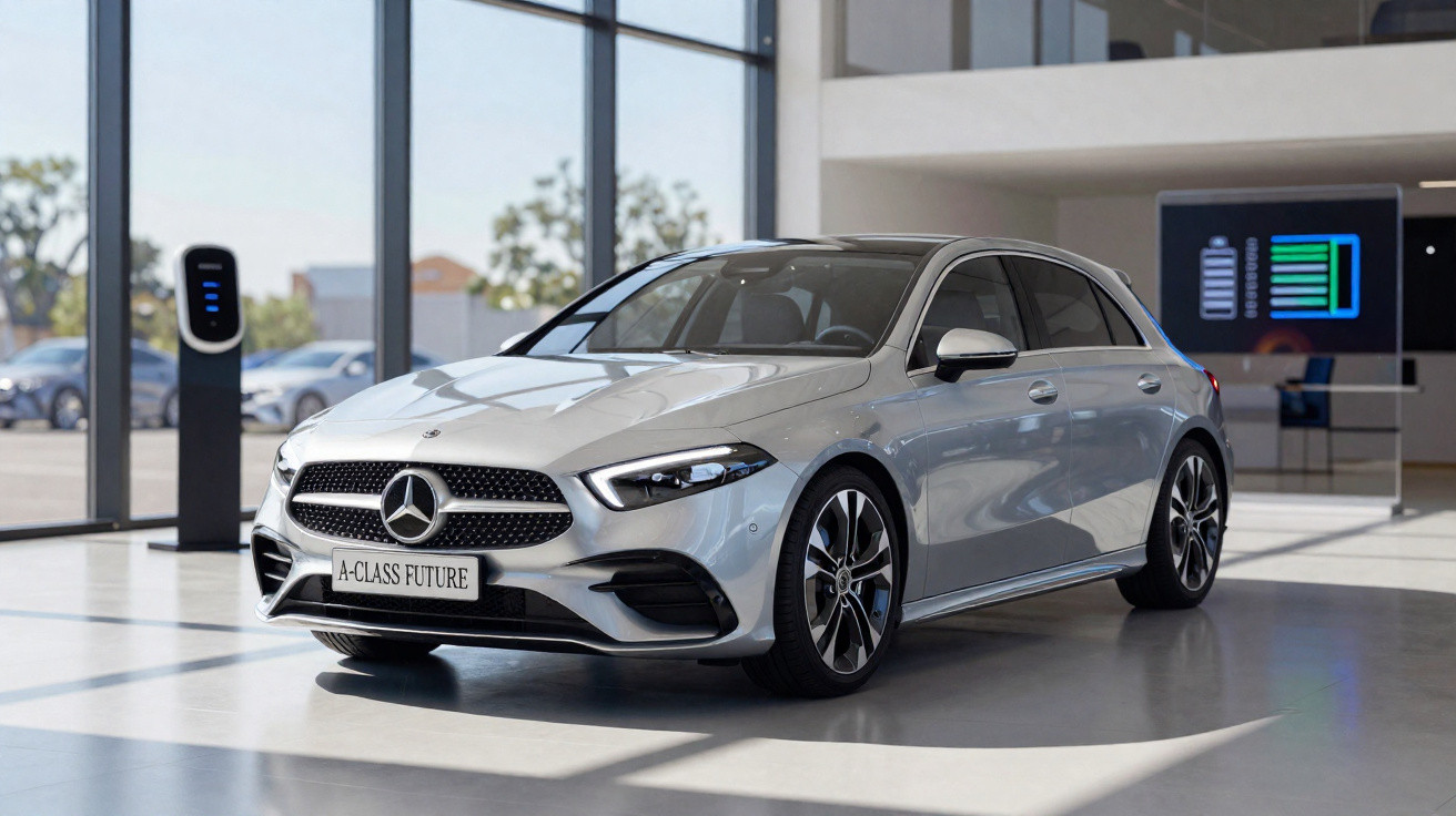 Carro Mercedes-Benz A-Class Future prata em showroom moderno com carregador elétrico ao fundo.