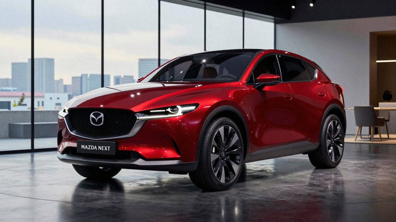 Carro Mazda Next vermelho em exposição dentro de showroom com janela ampla e cidade ao fundo.