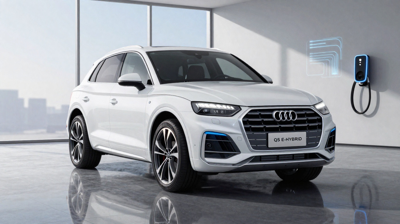 Carro branco Audi Q5 e-Hybrid estacionado em ambiente moderno com carregador elétrico na parede.