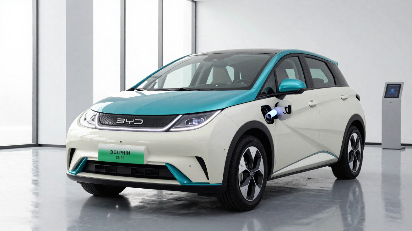 Carro elétrico BYD Dolphin Surf branco e azul em ambiente interno, conectado a carregador elétrico.