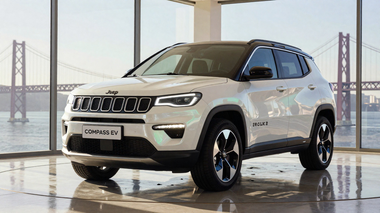 SUV branco Jeep Compass EV em showroom com janelas amplas e ponte ao fundo, refletindo no piso.