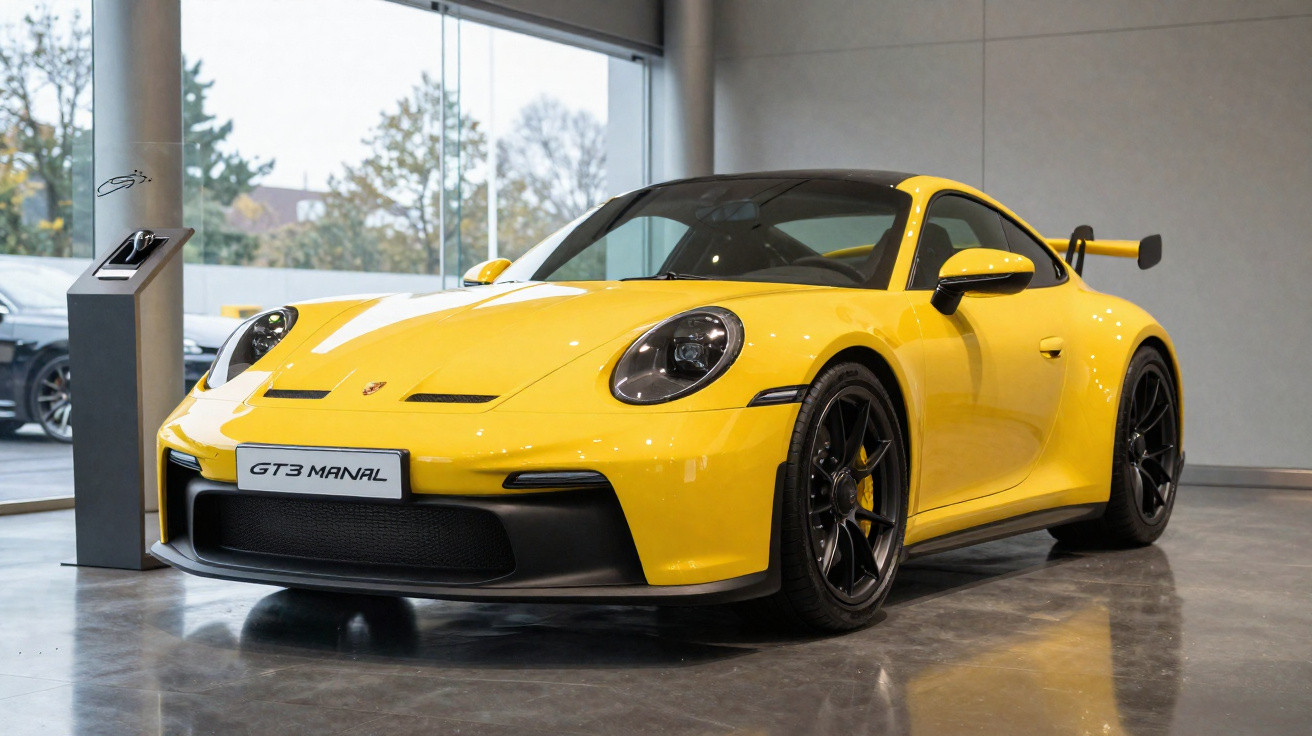 Carro esportivo Porsche 911 GT3 manual amarelo exibido em showroom moderno.