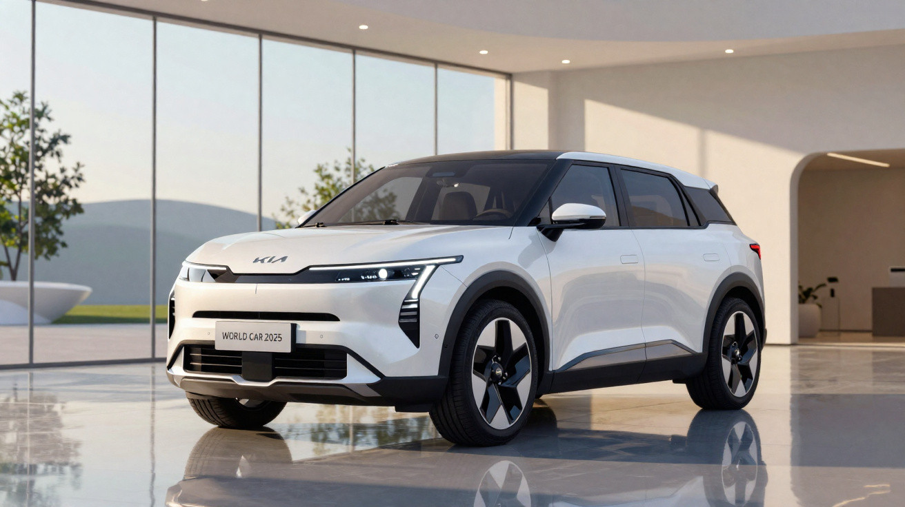 Carro elétrico Kia EV5 branco estacionado em ambiente moderno com grandes janelas de vidro.