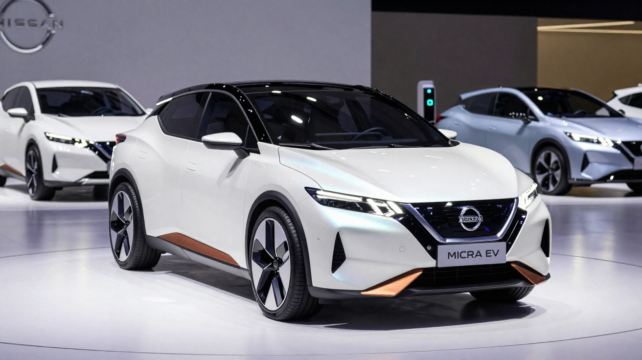 Carro elétrico Nissan Micra EV branco exposto em salão automotivo moderno, com outros carros ao fundo.