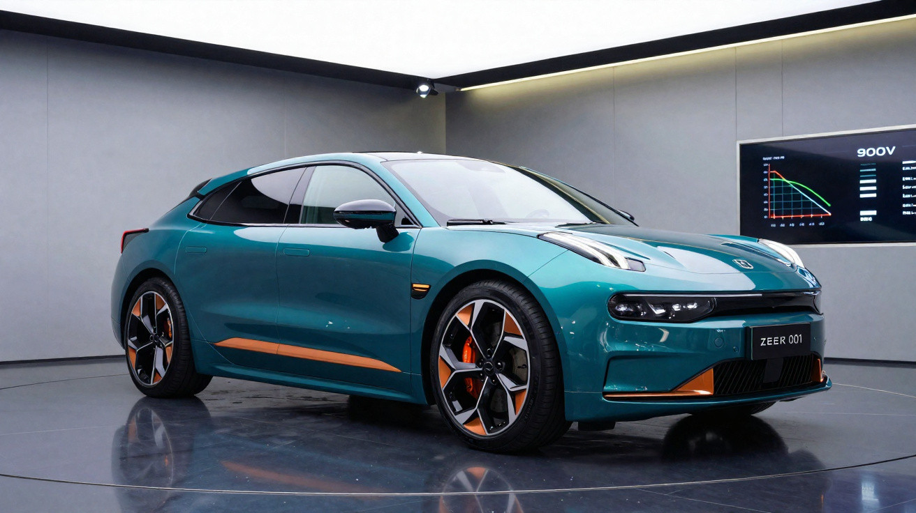 Carro elétrico esportivo verde com detalhes laranja em exposição em ambiente moderno e minimalista.