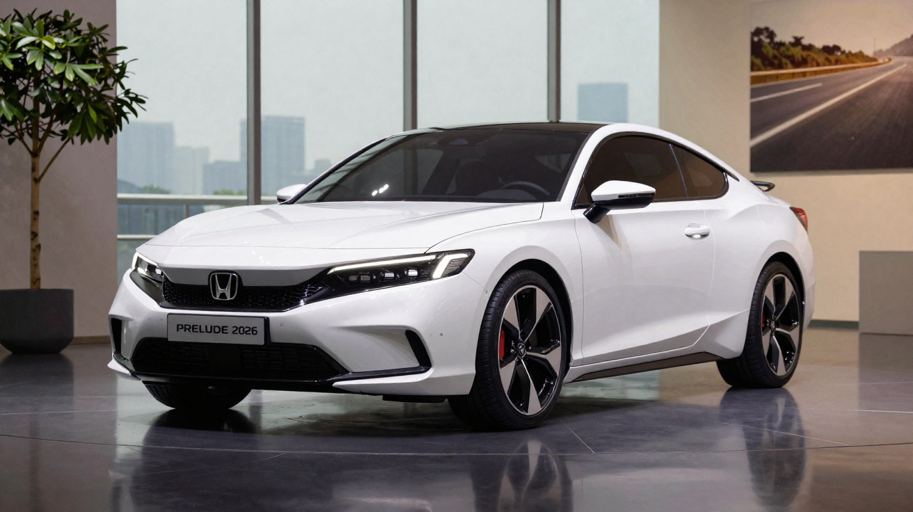 Carro branco Honda Prelude 2026 em exposição em ambiente moderno com plantas e painel na parede.