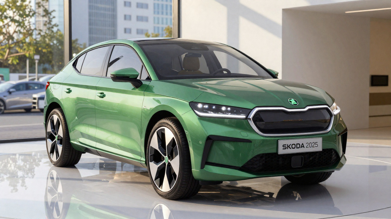 Carro elétrico verde Skoda 2025 em exposição, design moderno e aerodinâmico.