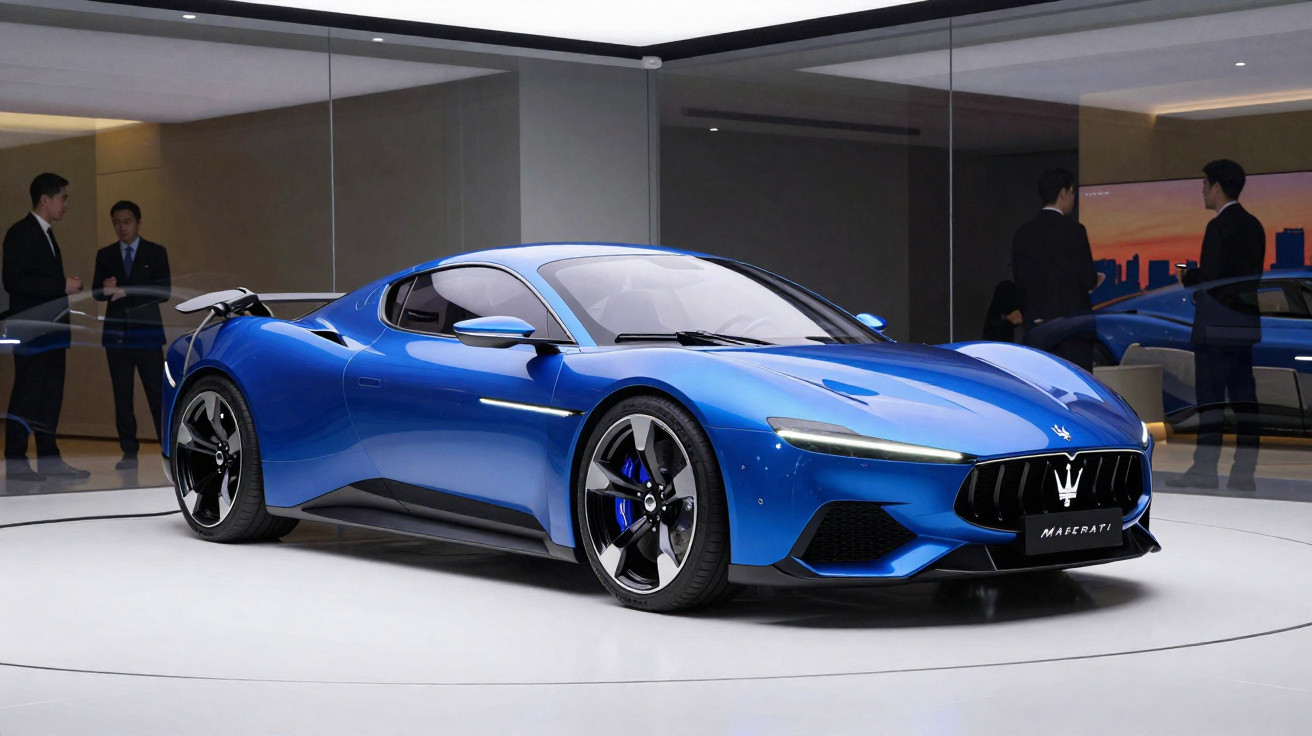 Carro esportivo azul Maserati em exposição com refletores e pessoas ao fundo conversando.