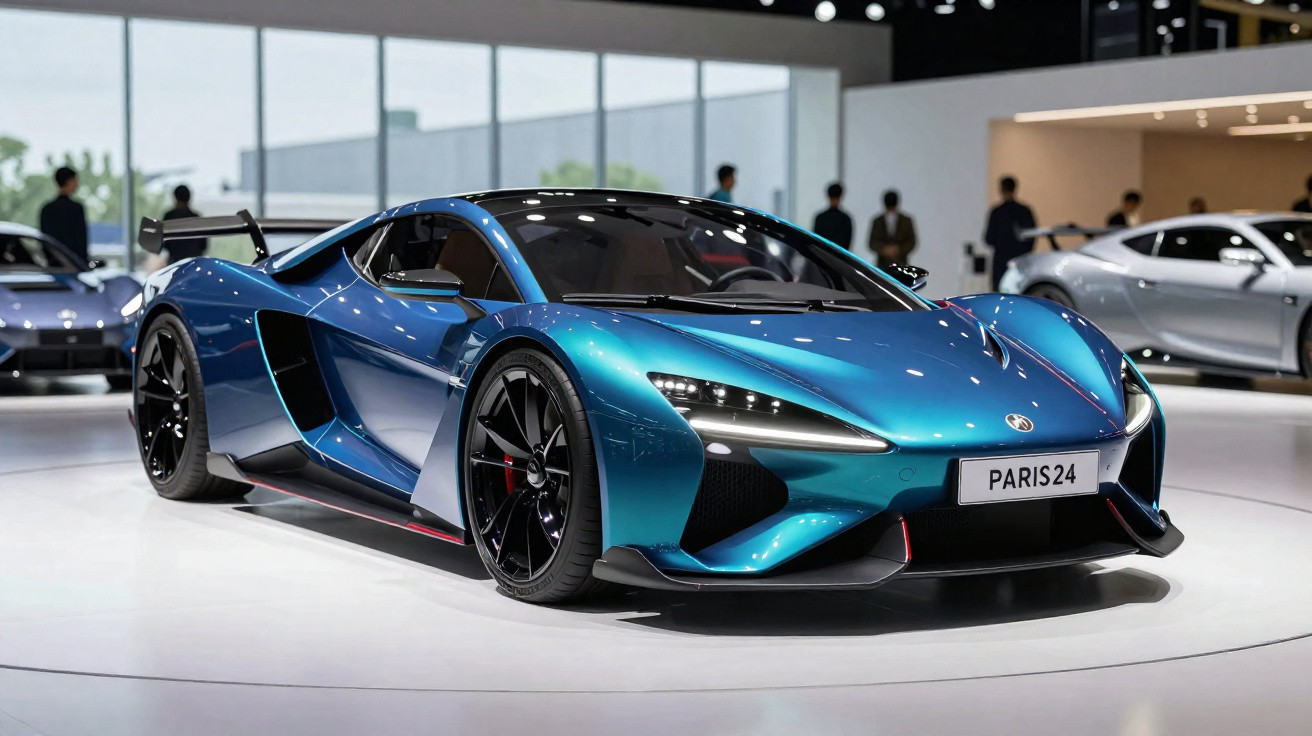 Carro esportivo azul metálico com design aerodinâmico exposto em salão automotivo moderno.