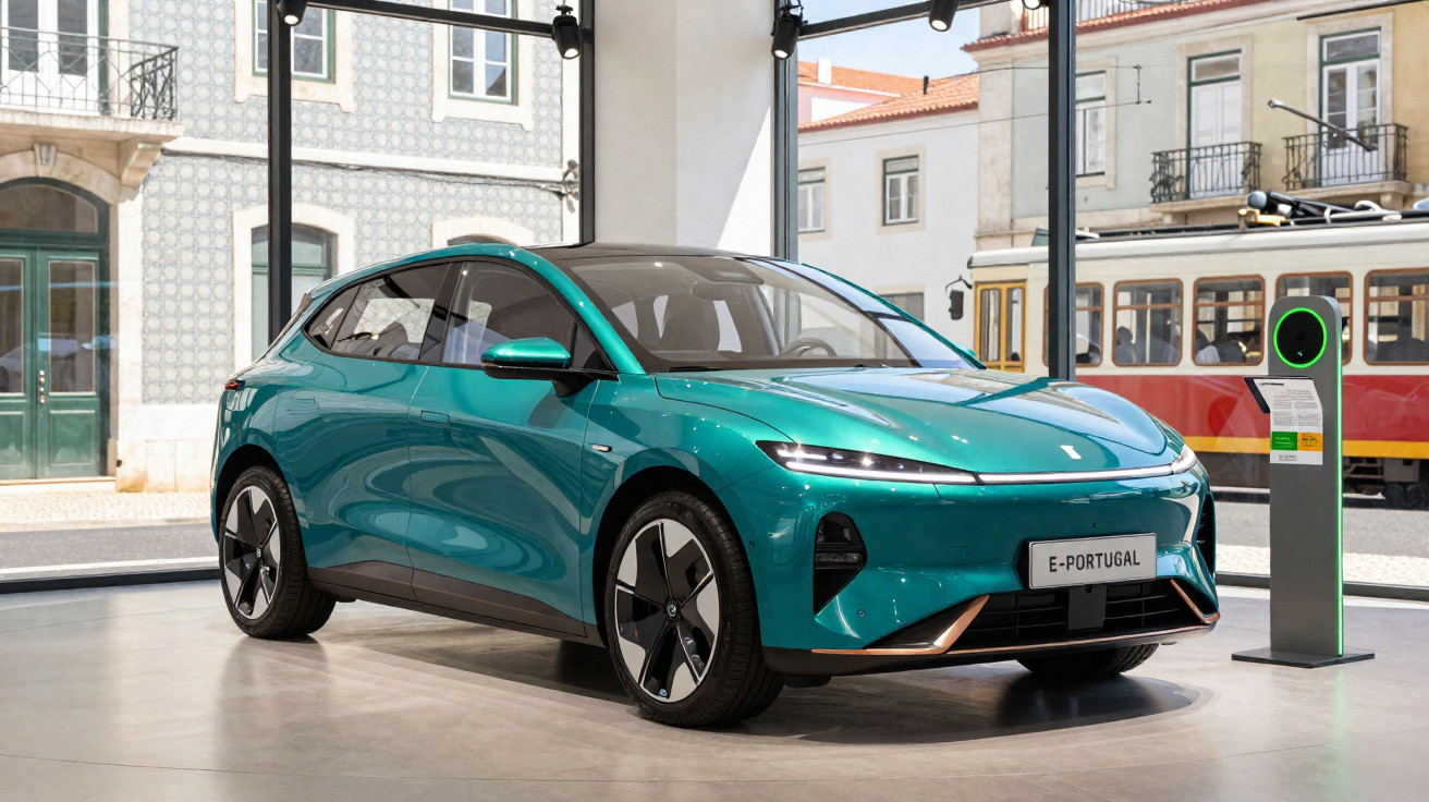 Carro elétrico verde azul exposto em showroom com estação de recarga, prédio e bonde ao fundo em Portugal.