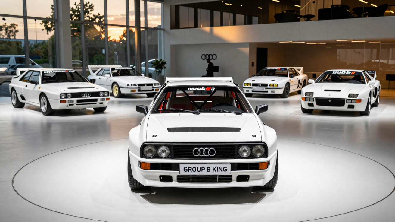 Cinco carros esportivos Audi brancos em exposição, com destaque para o modelo "Group B King" à frente.