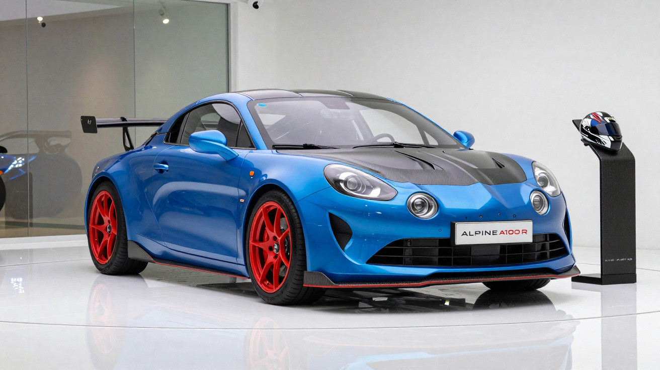 Carro esportivo azul com rodas vermelhas e aerofólio, modelo Alpine A110 R exposto em ambiente moderno.
