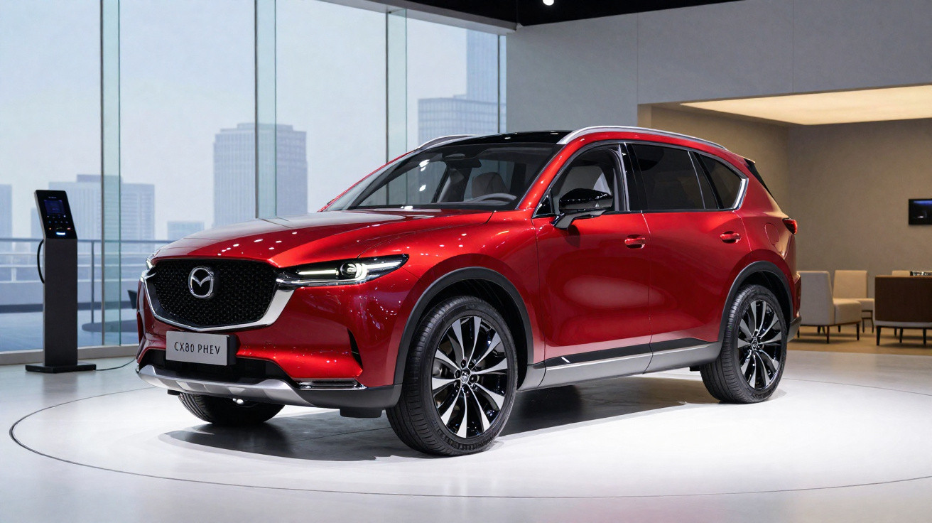 Carro SUV vermelho Mazda CX-30 PHEV exibido em plataforma circular dentro de showroom moderno.