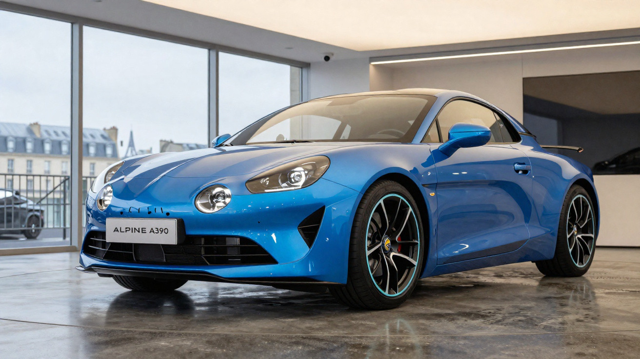 Carro esportivo azul Alpine A390 exibido em ambiente interno com piso de concreto polido.