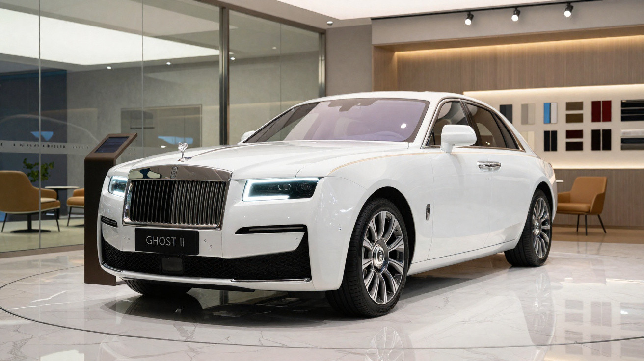 Carro branco Rolls-Royce Ghost II estacionado em showroom moderno com piso de mármore.