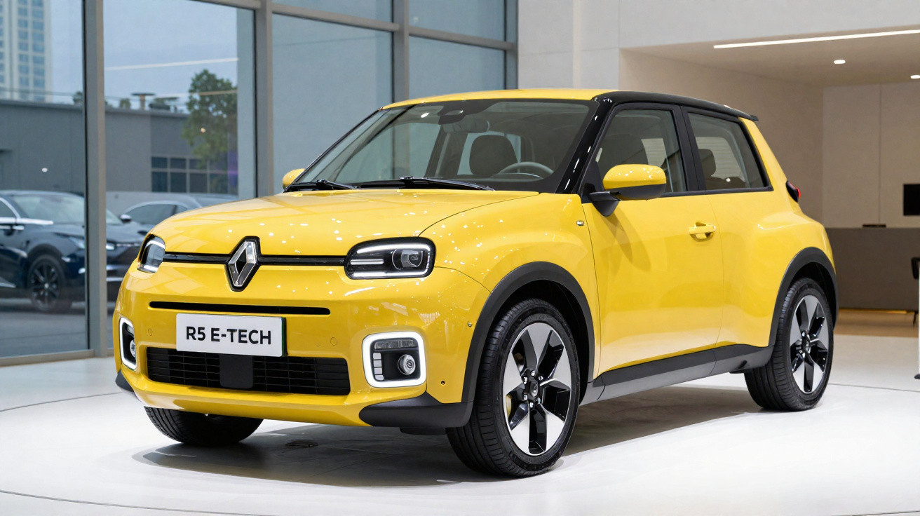 Carro compacto elétrico Renault R5 E-Tech amarelo exibido em salão de automóveis moderno.