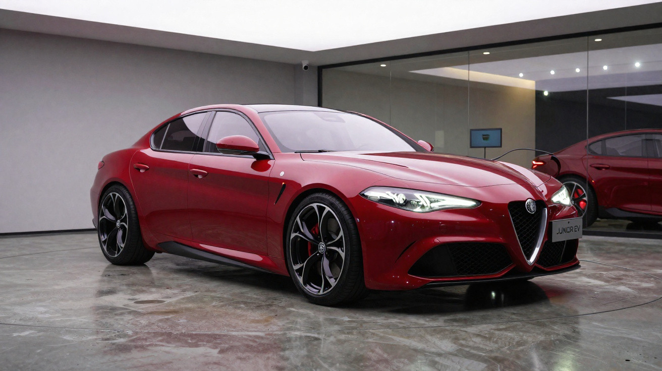 Carro esportivo sedã vermelho Alfa Romeo estacionado em piso cinza dentro de showroom moderno.