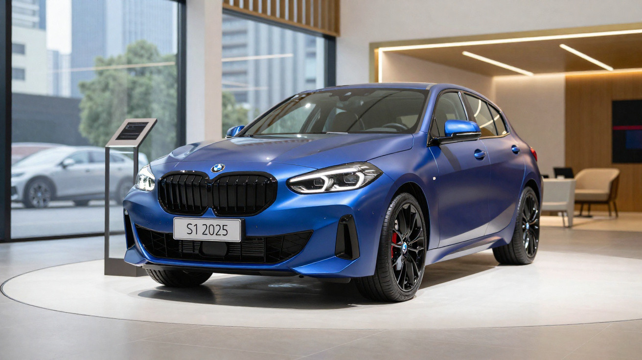 Carro azul BMW modelo compacto exibido em salão moderno com piso claro e paredes de madeira.