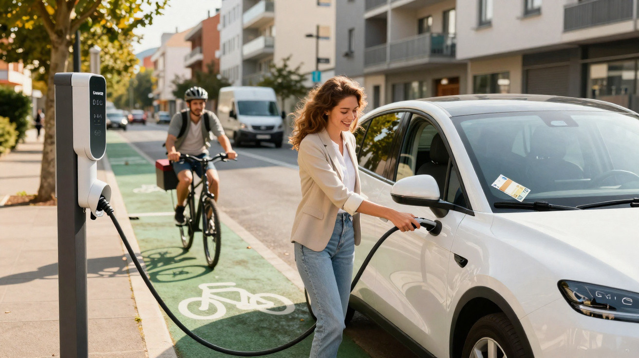 Mulher carregando carro elétrico em estação pública de recarga em rua com ciclovia e ciclista ao fundo.