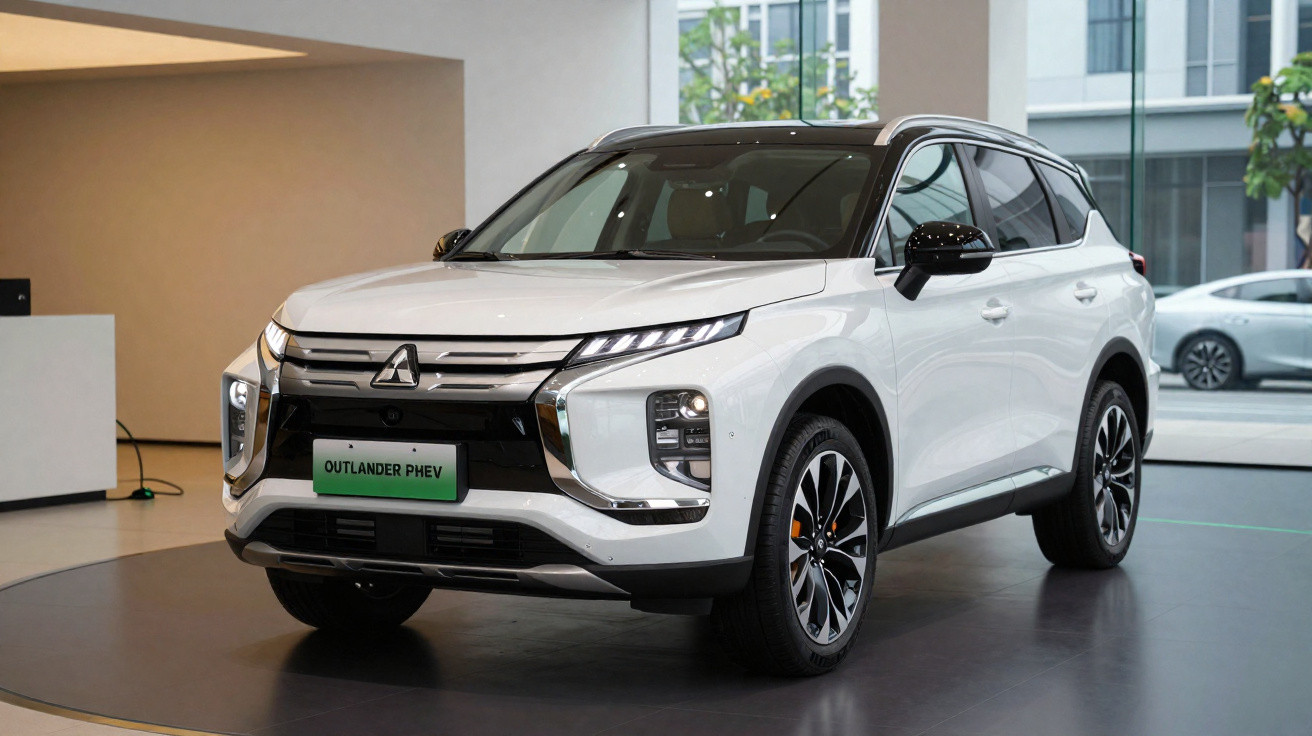 SUV branco Mitsubishi Outlander PHEV exibido em showroom moderno com piso cinza e paredes claras.