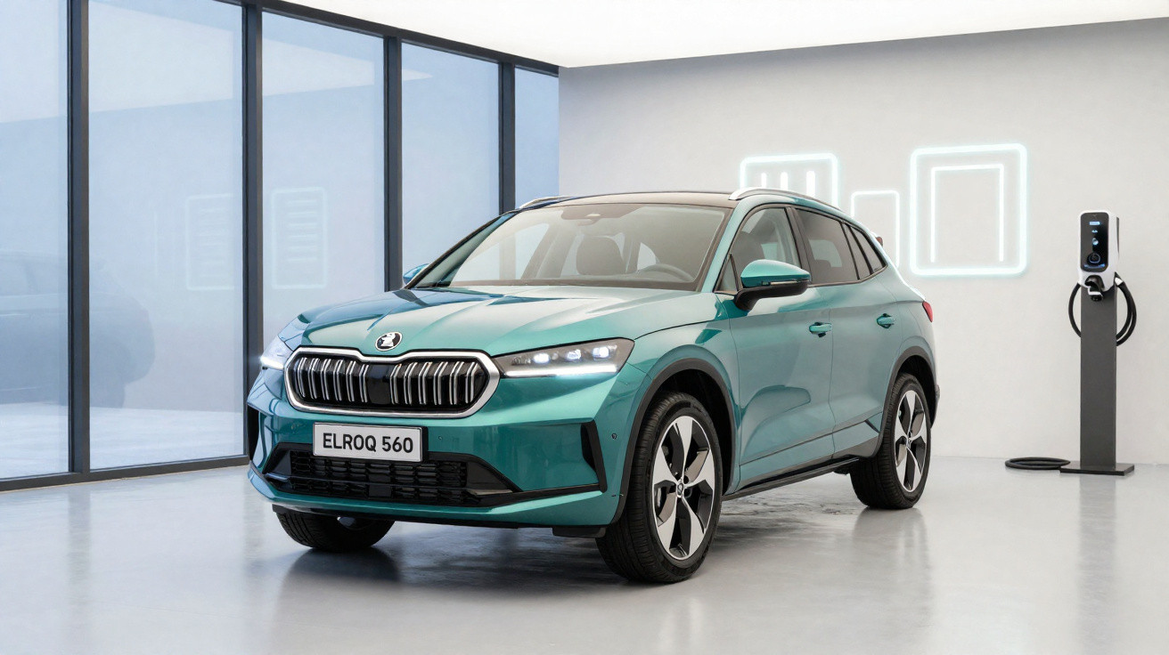 Carro elétrico verde Škoda Elroq 560 estacionado em ambiente moderno com estação de recarga ao lado.