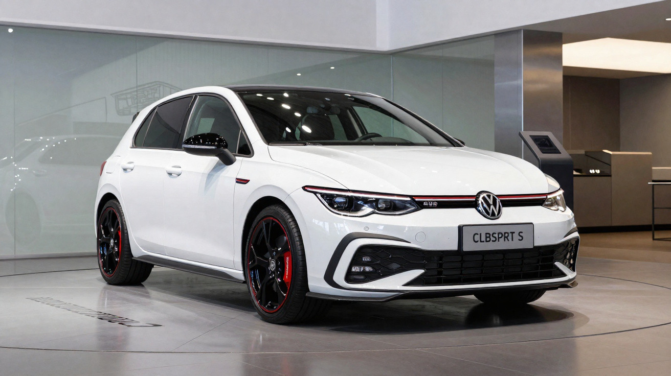 Carro Volkswagen branco modelo esportivo CLBSPRT S em exposição em showroom moderno.