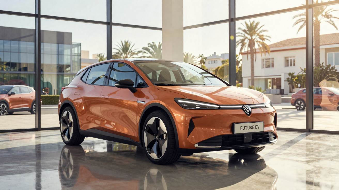 Carro elétrico Volkswagen Future EV laranja em showroom com paredes de vidro e luz natural.