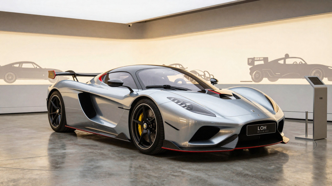 Carro esportivo prata com detalhes em preto exposto em ambiente interno com iluminação suave.